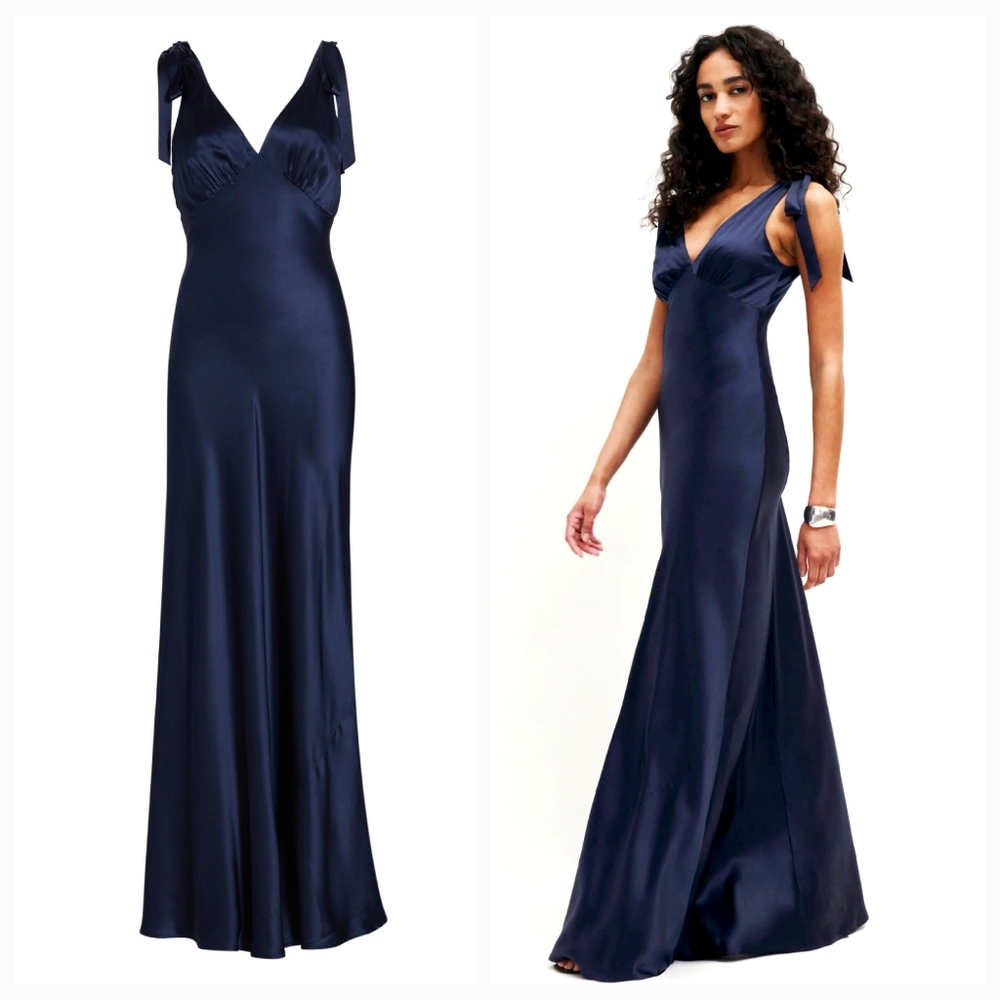 Reformation Pernille Silk V-Neck Maxi Dress Navy Size XS